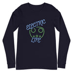 Tesla inspired apparel. EV car charger. Electric Life image centered on long sleeve t-shirt.