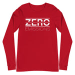Tesla inspired apparel. EV no emissions. Electric Vehicle Car. Zero Emissions image centered on long sleeve t-shirt.