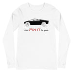 Tesla inspired apparel. Elon Musk quote. Cybertruck. Just Fix It In Post image centered on long sleeve t-shirt.
