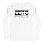 Tesla inspired apparel. EV no emissions. Electric Vehicle Car. Zero Emissions image centered on long sleeve t-shirt.