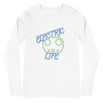 Tesla inspired apparel. EV car charger. Electric Life image centered on long sleeve t-shirt.