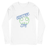 Tesla inspired apparel. EV car charger. Electric Life image centered on long sleeve t-shirt.