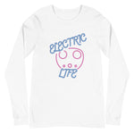 Tesla inspired apparel. EV car charger. Electric Life image centered on long sleeve t-shirt.