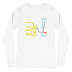 Tesla inspired apparel. Model 3 at supercharger. Supercharging. Plugged In 3 image centered on long sleeve t-shirt.