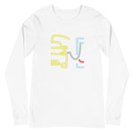 Tesla inspired apparel. Model X at supercharger. Supercharging. Plugged In X image centered on long sleeve t-shirt.