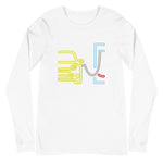 Tesla inspired apparel. Model Y at supercharger. Supercharging. Plugged In Y image centered on long sleeve t-shirt.