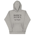 Tesla inspired apparel. Shanghai Gigafactory GPS coordinates. Birthplace Shanghai image centered on hoodie.