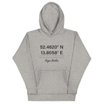 Tesla inspired apparel. Berlin Gigafactory GPS coordinates. Birthplace Berlin image centered on hoodie.