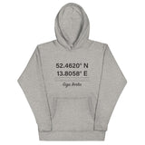 Tesla inspired apparel. Berlin Gigafactory GPS coordinates. Birthplace Berlin image centered on hoodie.