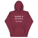 Tesla inspired apparel. Shanghai Gigafactory GPS coordinates. Birthplace Shanghai image centered on hoodie.