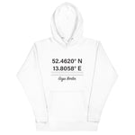 Tesla inspired apparel. Berlin Gigafactory GPS coordinates. Birthplace Berlin image centered on hoodie.