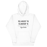 Tesla inspired apparel. Berlin Gigafactory GPS coordinates. Birthplace Berlin image centered on hoodie.