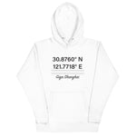 Tesla inspired apparel. Shanghai Gigafactory GPS coordinates. Birthplace Shanghai image centered on hoodie.