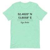 Tesla inspired apparel. Berlin Gigafactory GPS coordinates. Birthplace Berlin image centered on t-shirt.