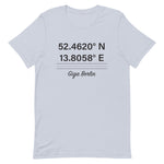 Tesla inspired apparel. Berlin Gigafactory GPS coordinates. Birthplace Berlin image centered on t-shirt.