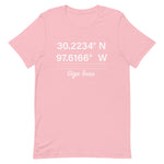 Tesla inspired apparel. Texas Gigafactory GPS coordinates. Birthplace Texas image centered on t-shirt.