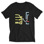 Tesla inspired apparel. Model S at supercharger. Supercharging. Plugged In S image centered on v-neck t-shirt.