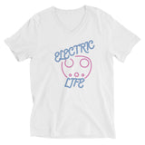 Tesla inspired apparel. EV car charger. Electric Life image centered on v-neck t-shirt.