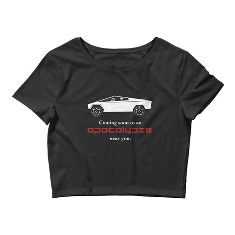 Tesla inspired apparel. Cybertruck. Apocalypse Near You image centered on cropped t-shirt.