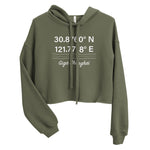 Tesla inspired apparel. Shanghai Gigafactory GPS coordinates. Birthplace Shanghai image centered on cropped hoodie.