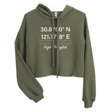 Tesla inspired apparel. Shanghai Gigafactory GPS coordinates. Birthplace Shanghai image centered on cropped hoodie.