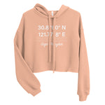 Tesla inspired apparel. Shanghai Gigafactory GPS coordinates. Birthplace Shanghai image centered on cropped hoodie.