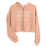 Tesla inspired apparel. Shanghai Gigafactory GPS coordinates. Birthplace Shanghai image centered on cropped hoodie.