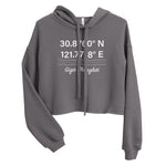 Tesla inspired apparel. Shanghai Gigafactory GPS coordinates. Birthplace Shanghai image centered on cropped hoodie.