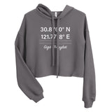 Tesla inspired apparel. Shanghai Gigafactory GPS coordinates. Birthplace Shanghai image centered on cropped hoodie.