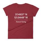 Tesla inspired apparel. Fremont Gigafactory GPS coordinates. Birthplace Fremont image centered on fitted t-shirt.