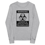 Tesla inspired apparel. Elon Musk quote. Cybertruck. Leader In Apocalypse Technology image centered on youth long sleeve t-shirt.