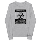 Tesla inspired apparel. Elon Musk quote. Cybertruck. Leader In Apocalypse Technology image centered on youth long sleeve t-shirt.