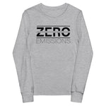 Tesla inspired apparel. EV no emissions. Electric Vehicle Car. Zero Emissions image centered on youth long sleeve t-shirt.