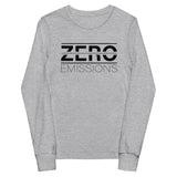 Tesla inspired apparel. EV no emissions. Electric Vehicle Car. Zero Emissions image centered on youth long sleeve t-shirt.