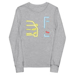 Tesla inspired apparel. Model S at supercharger. Supercharging. Plugged In S image centered on youth long sleeve t-shirt.