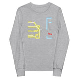 Tesla inspired apparel. Model S at supercharger. Supercharging. Plugged In S image centered on youth long sleeve t-shirt.
