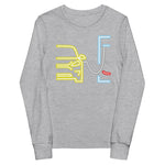 Tesla inspired apparel. Model 3 at supercharger. Supercharging. Plugged In 3 image centered on youth long sleeve t-shirt.