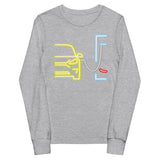 Tesla inspired apparel. Model 3 at supercharger. Supercharging. Plugged In 3 image centered on youth long sleeve t-shirt.