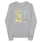 Tesla inspired apparel. Model X at supercharger. Supercharging. Plugged In X image centered on youth long sleeve t-shirt.