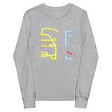 Tesla inspired apparel. Model X at supercharger. Supercharging. Plugged In X image centered on youth long sleeve t-shirt.