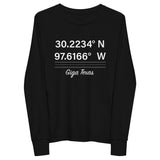 Tesla inspired apparel. Texas Gigafactory GPS coordinates. Birthplace Texas image centered on youth long sleeve t-shirt.