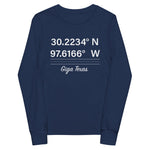 Tesla inspired apparel. Texas Gigafactory GPS coordinates. Birthplace Texas image centered on youth long sleeve t-shirt.