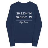 Tesla inspired apparel. Texas Gigafactory GPS coordinates. Birthplace Texas image centered on youth long sleeve t-shirt.