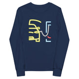 Tesla inspired apparel. Model X at supercharger. Supercharging. Plugged In X image centered on youth long sleeve t-shirt.
