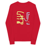 Tesla inspired apparel. Model X at supercharger. Supercharging. Plugged In X image centered on youth long sleeve t-shirt.