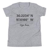 Tesla inspired apparel. Texas Gigafactory GPS coordinates. Birthplace Texas image centered on youth t-shirt.