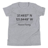 Tesla inspired apparel. Fremont Gigafactory GPS coordinates. Birthplace Fremont image centered on youth t-shirt.