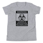Tesla inspired apparel. Elon Musk quote. Cybertruck. Leader In Apocalypse Technology image centered on youth t-shirt.