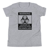 Tesla inspired apparel. Elon Musk quote. Cybertruck. Leader In Apocalypse Technology image centered on youth t-shirt.