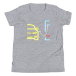Tesla inspired apparel. Model S at supercharger. Supercharging. Plugged In S image centered on youth t-shirt.